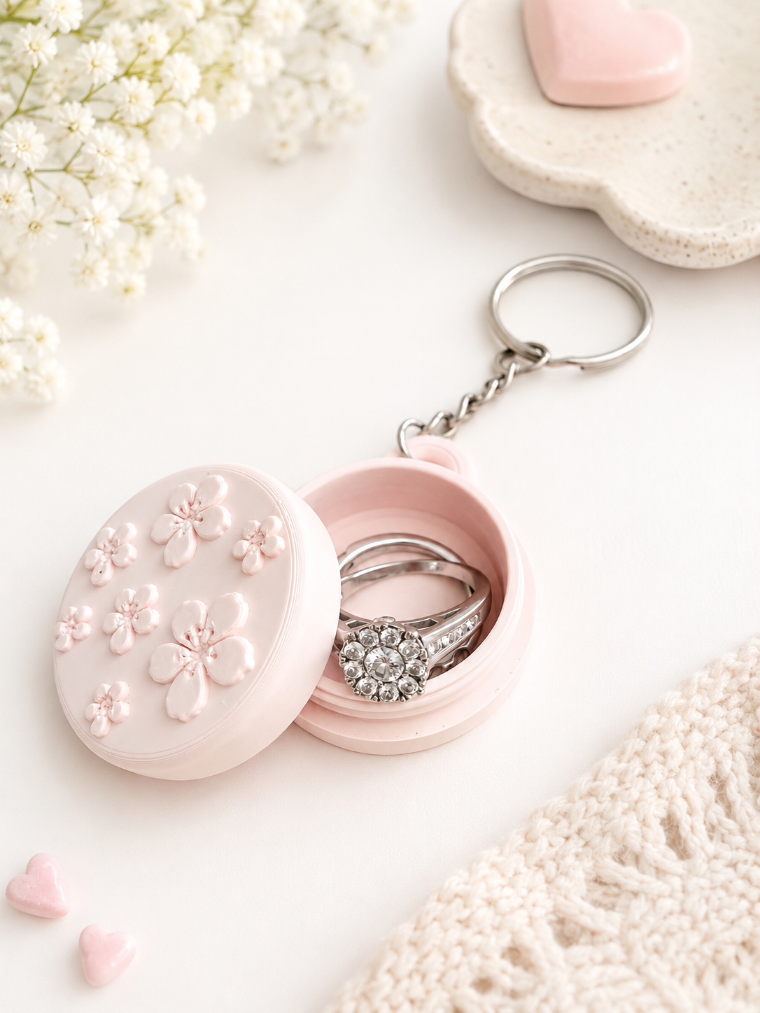 3D Printed Floral Keychain & Ring Holder – Engraved Flower Design, Cute Key Ring Organizer, Small Gift