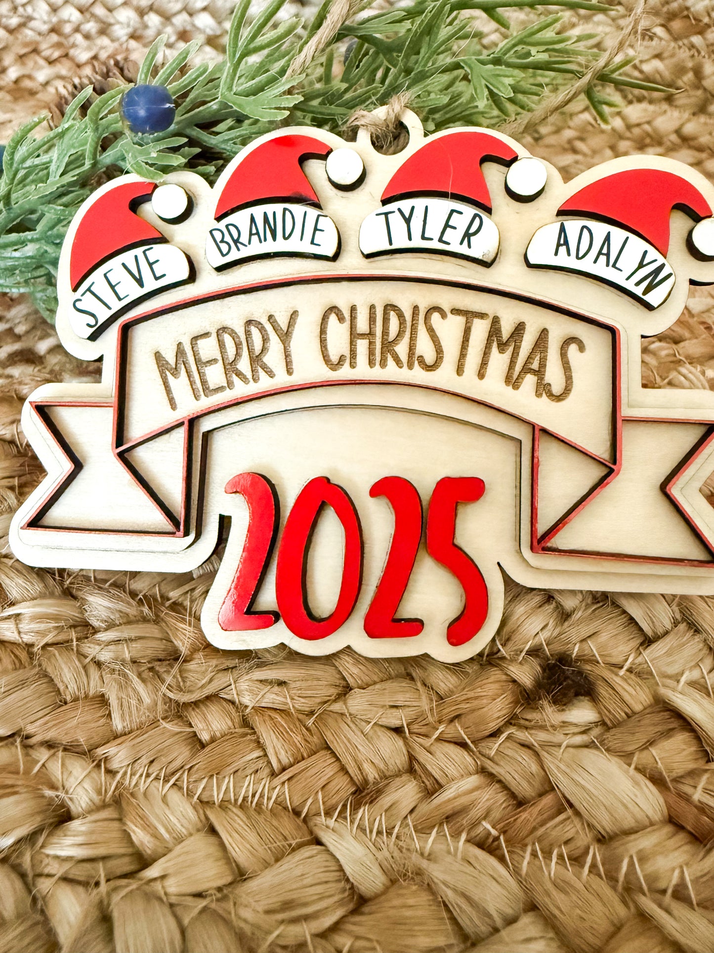 Personalized Wood Christmas Ornament - Santa Hat - Up to 10 names