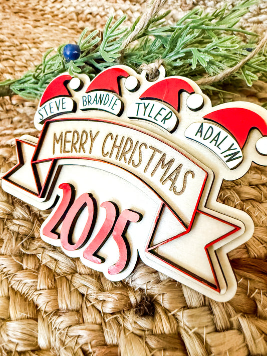 Personalized Wood Christmas Ornament - Santa Hat - Up to 10 names