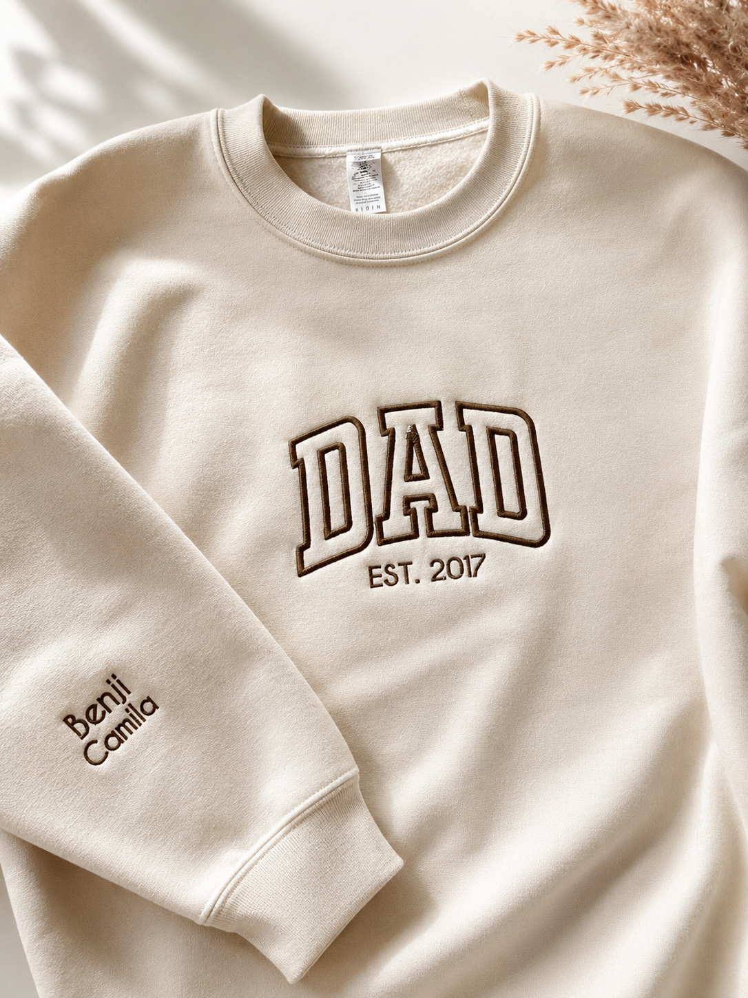 Personalized Dad Est. Year Embroidered Sweatshirt with Kids Names on Sleeve | Father's Day Gift for Dad