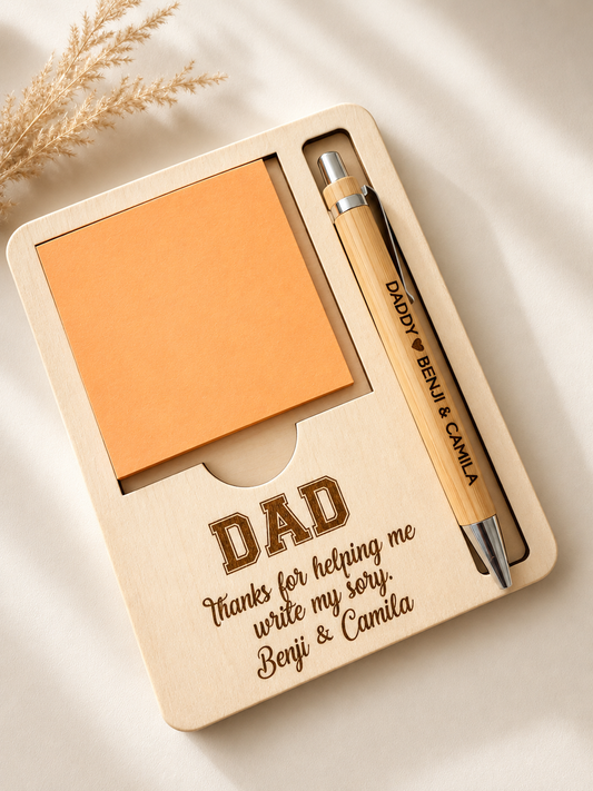 Personalized Wooden Sticky Note Holder with Custom Engraved Pen | Kids Names Desk Organizer Gift