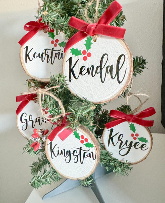 Personalized round sliced wood Christmas Ornaments