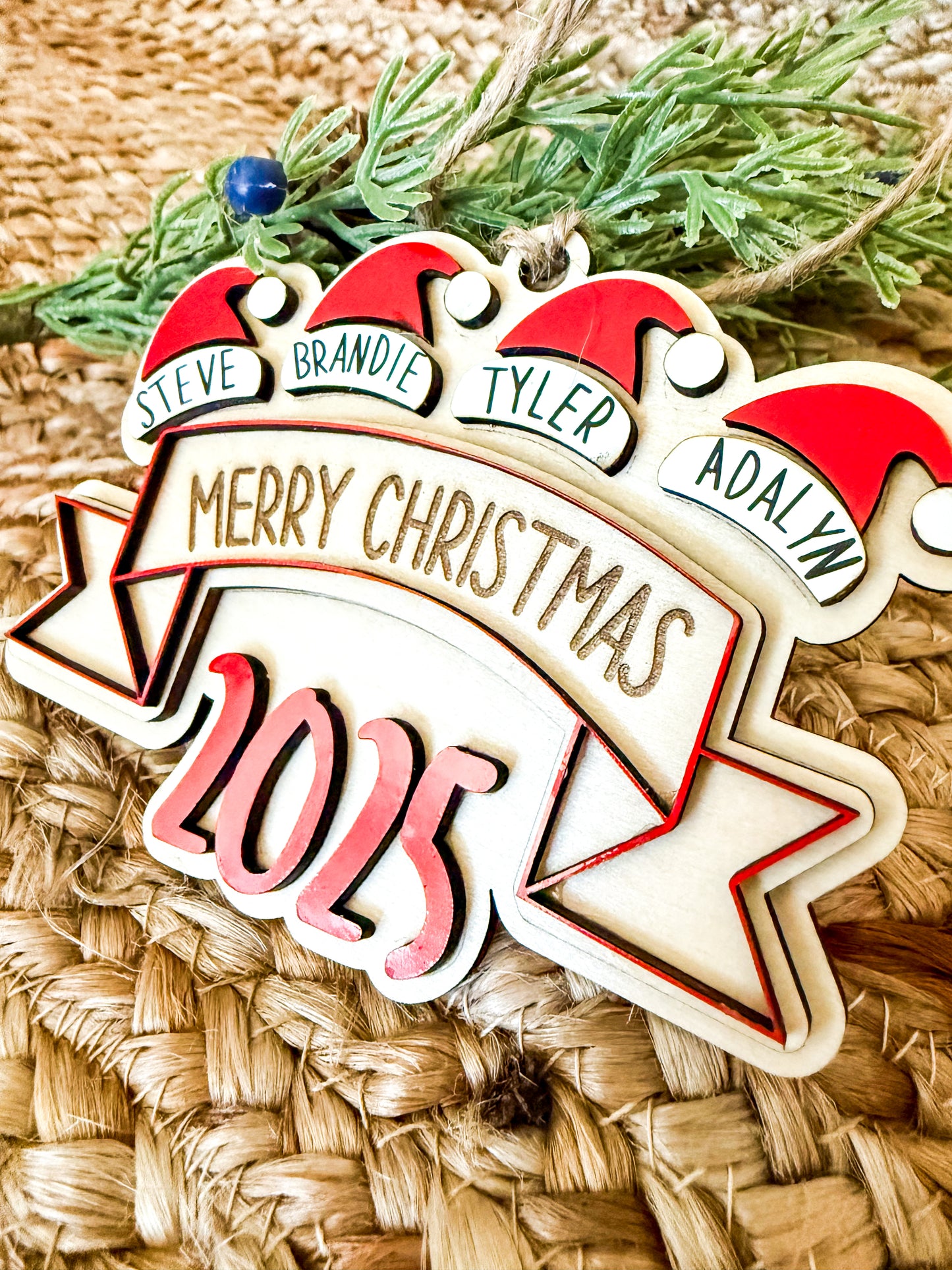 Personalized Wood Christmas Ornament - Santa Hat - Up to 10 names