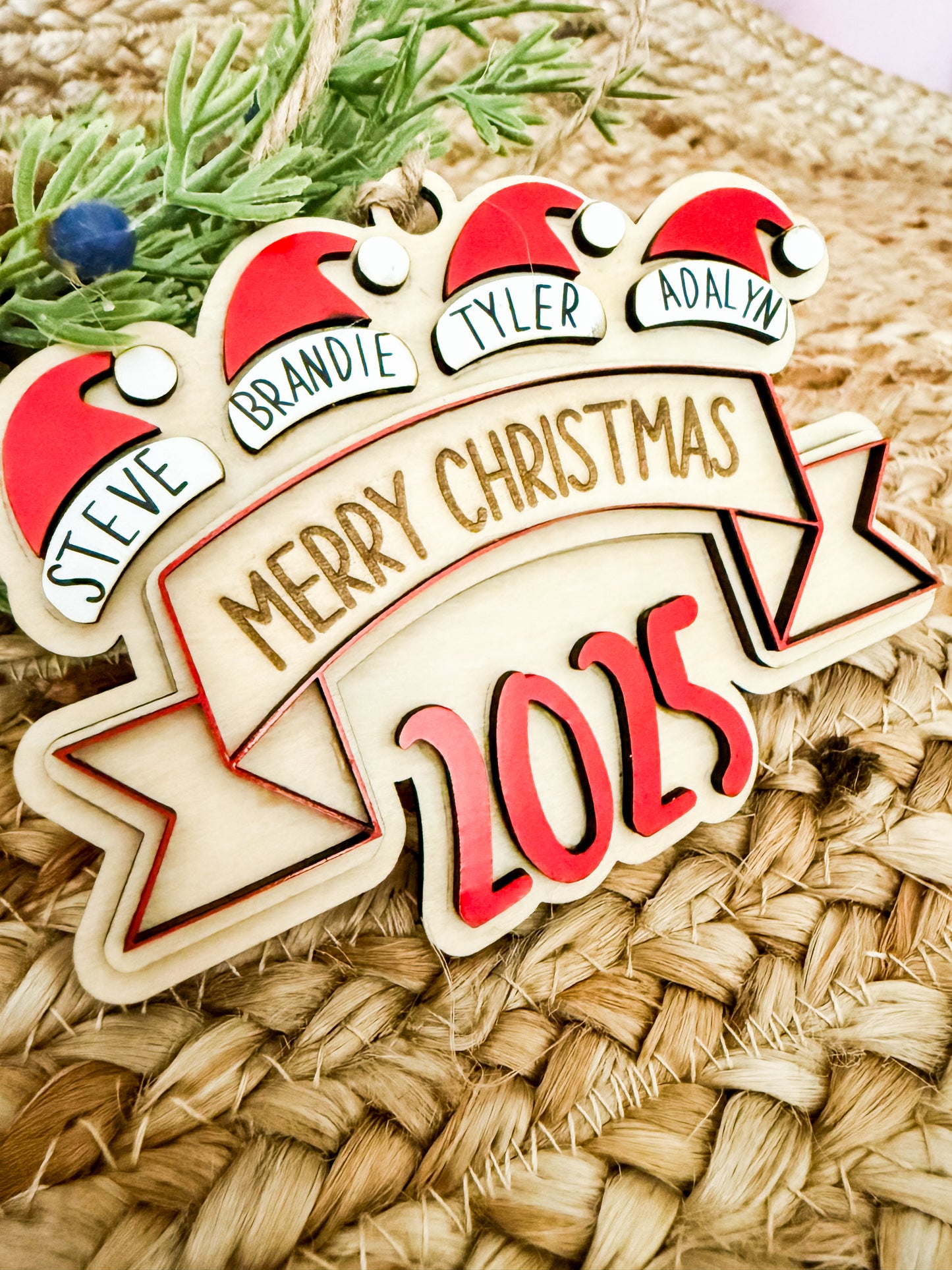 Personalized Wood Christmas Ornament - Santa Hat - Up to 10 names